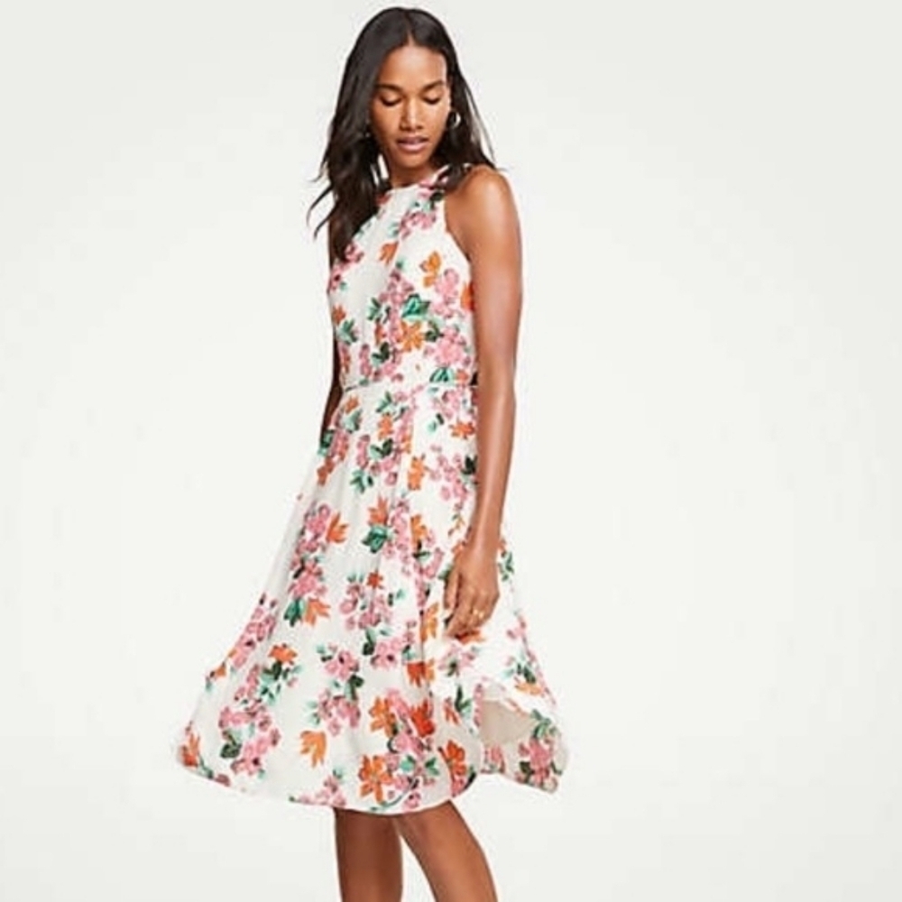 Ann Taylor NWT Halter Floral White Pink Green Dress Bow Detail Size 10